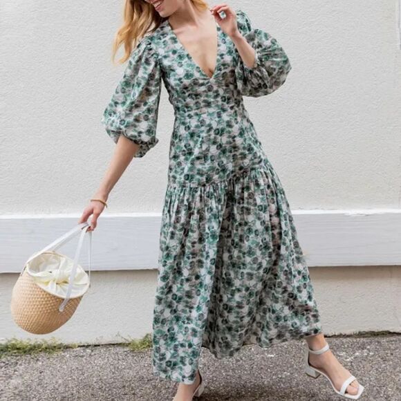 MARYSIA Imperialis Gathered Printed Cotton Midi Dress Size Extra Small - Picture 1 of 6